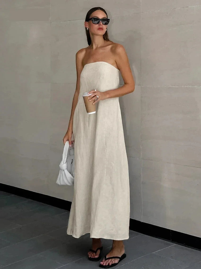 TunicTopAuraLoose Fit Cotton-Linen Strapless Maxi Dress for Sunny Days