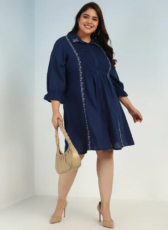 TunicTopStellarBlue A Line Tunic with Smocking Front and Classic Collar