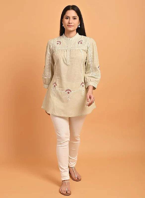 TunicTopCrestGreen Embroidered Slub Tunic