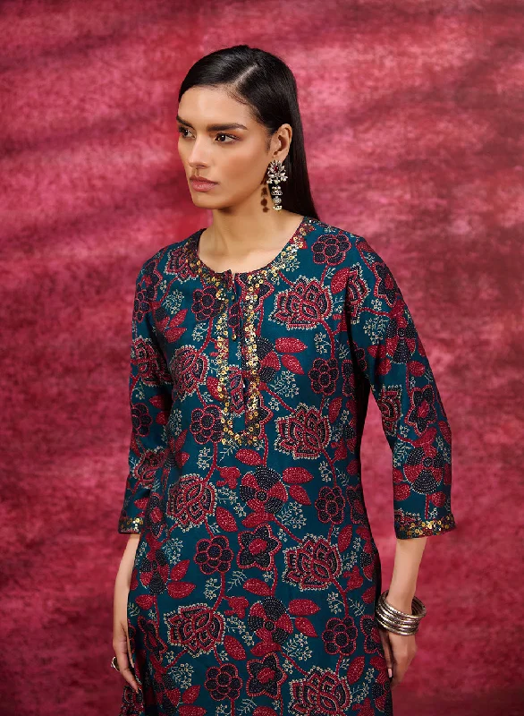 TunicTopPhoenixLayla Dark Teal Printed Chanderi Tunic for Women