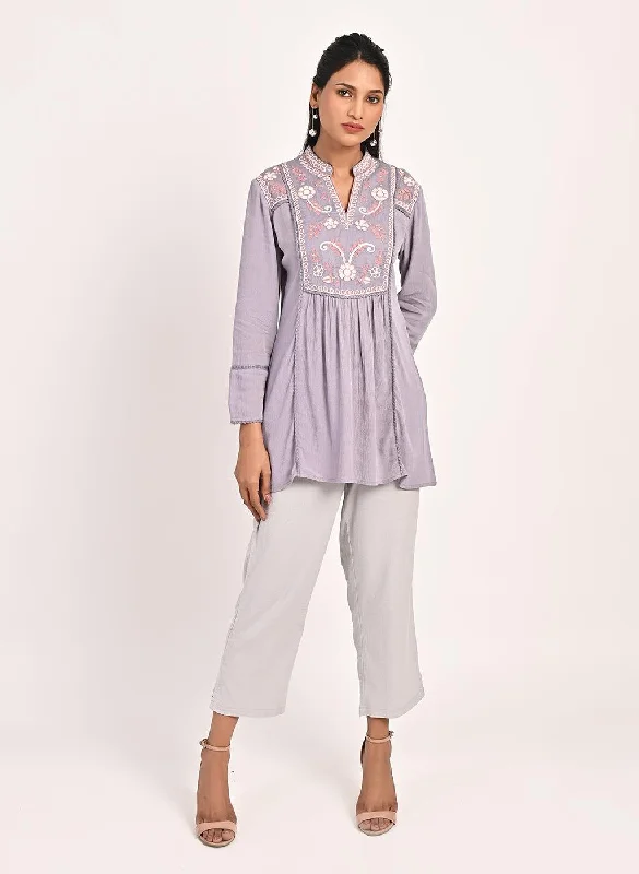 TunicTopZenLavender Collared Tunic with Embroidery at Yoke