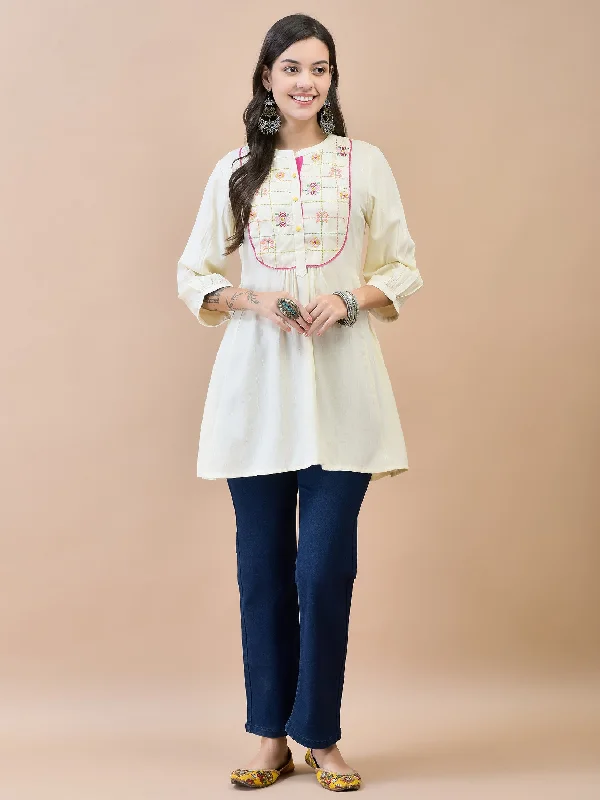 TunicTopKrakenWomen Liva (Rayon) Off White Embroidered Tunic