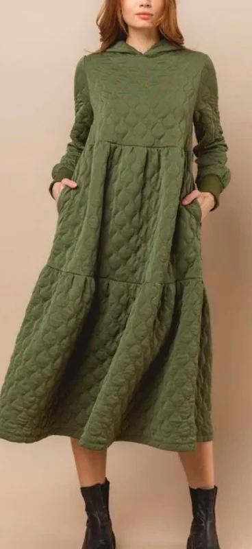 TunicTopCrestQuilted Comfort Hoodie Dress in Olive