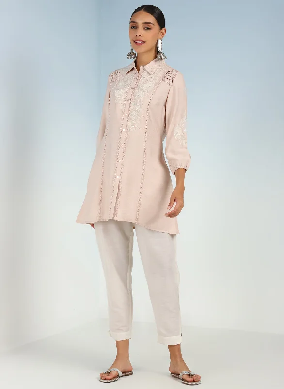 TunicTopWavePink Collared Tunic for Women with Puffed Sleeves