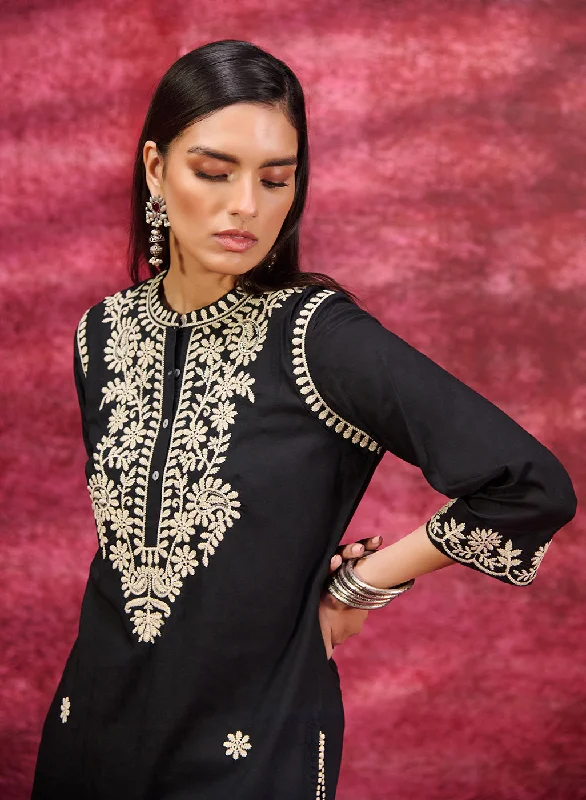 TunicTopSparkSaadgi Black Embroidered Cotton Linen Tunic for Women