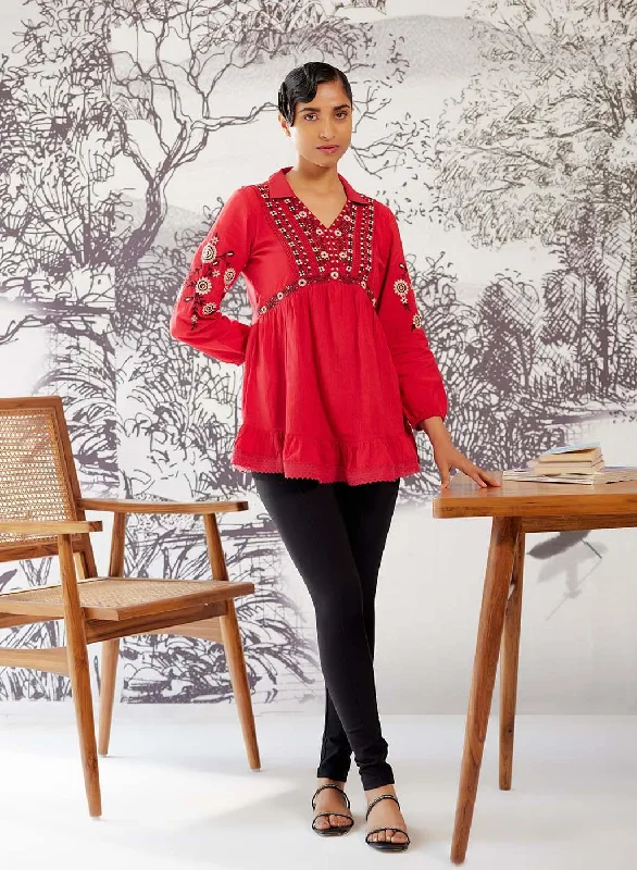 TunicTopZenithRed Thigh-length Boho Tunic with Collar and Full Sleeves