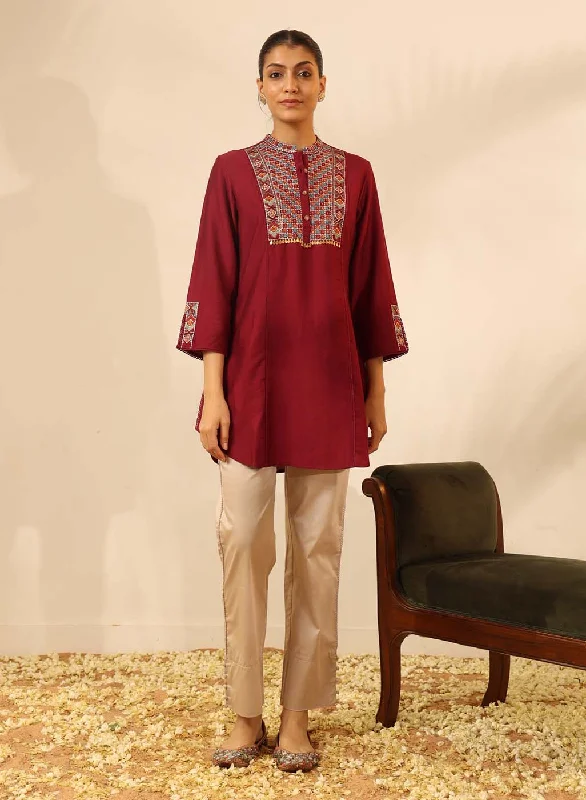 TunicTopHorizonMaroon Collared Tunic with Intricate Embroidery and Bell Sleeves