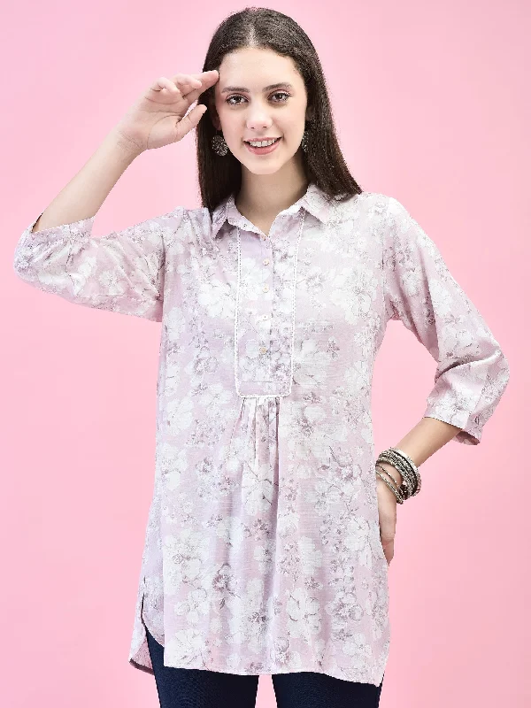 TunicTopCoreWomen Liva (Rayon) Lilac Floral Print Tunic