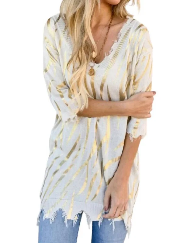 TunicTopEliteSigrid Printed Distressed Knit Tunic In Gold