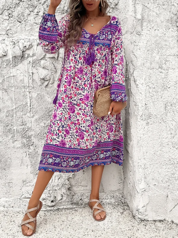 TunicTopGalaxyBoho Floral V-Neck Tunic Midi Dress with Lantern Sleeves