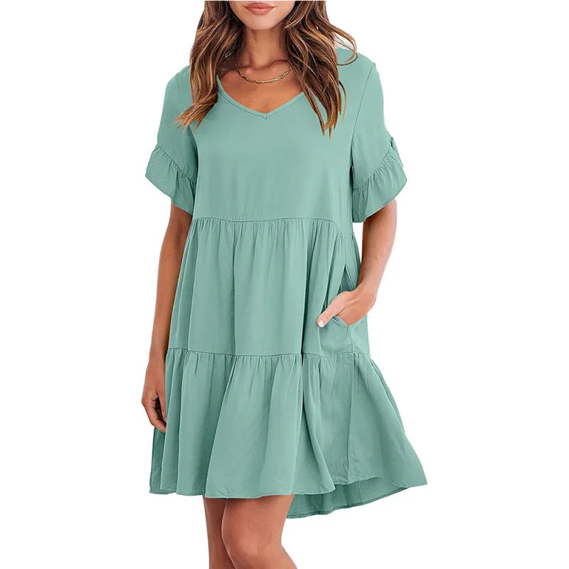 TunicTopPearlCasual Solid Flowy Tiered Mini Dress with Pockets