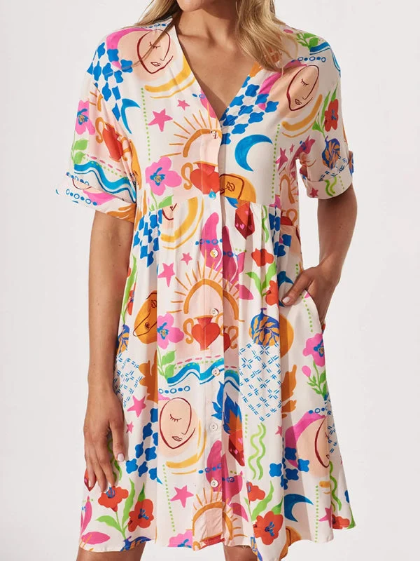 TunicTopMaxWomen's Colorful Button-Up A-Line Dress with Short Sleeves