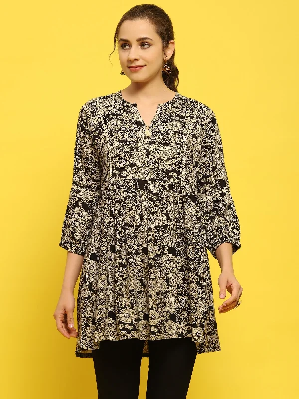 TunicTopHydraWomen Liva Rayon Black Floral Print Tunic