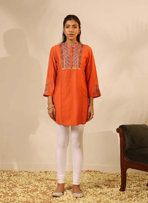 TunicTopBronzeOrange Collared Tunic with Intricate Embroidery and Bell Sleeves