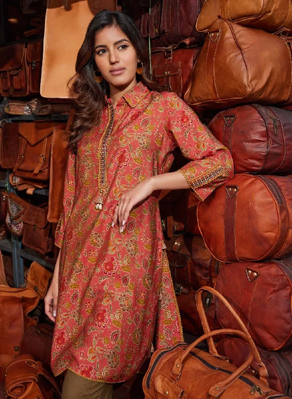 TunicTopNebulaNoor Terracotta Red Printed Cotton Tunic for Women