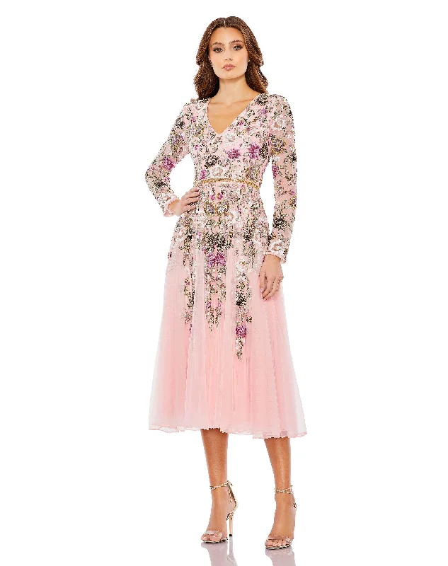 Mac Duggal 5594 Long Sleeve Formal Tea Length DressTightexecution