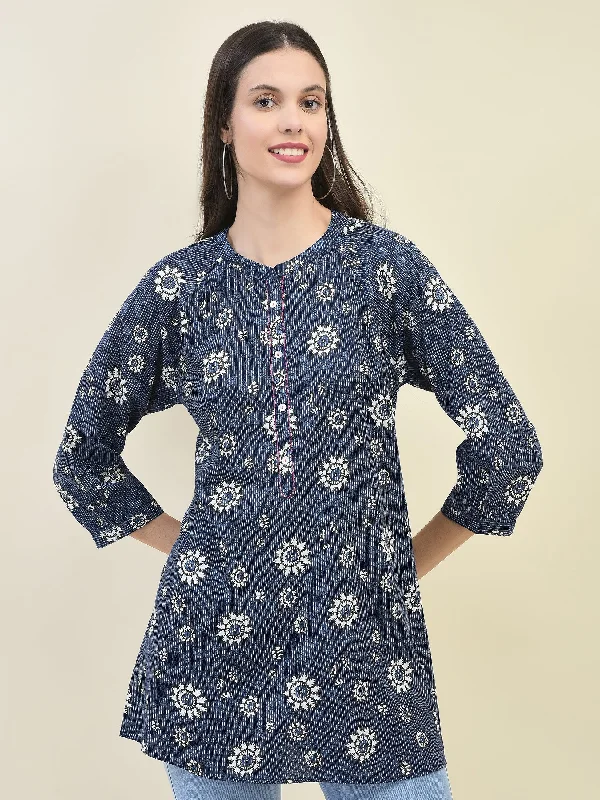 TunicTopSteelWomen Liva Rayon Indigo Floral Print Tunic