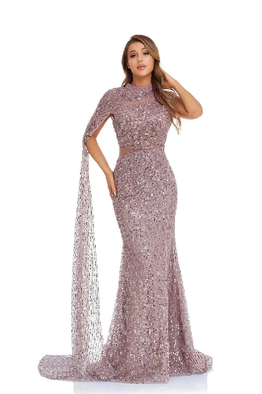 High Couture NR2253 Prom Long Cap Sleeve Beaded Formal DressTightframe