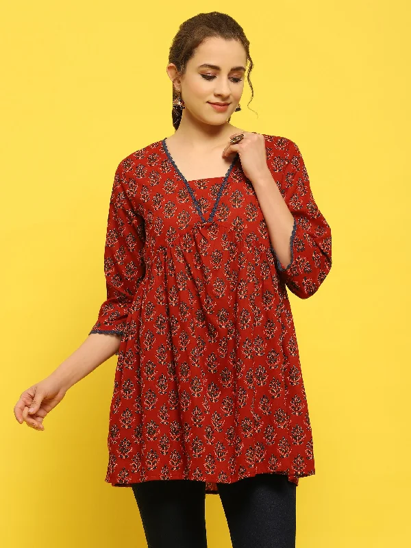 TunicTopPlusWomen Cotton Maroon Floral Print Tunic