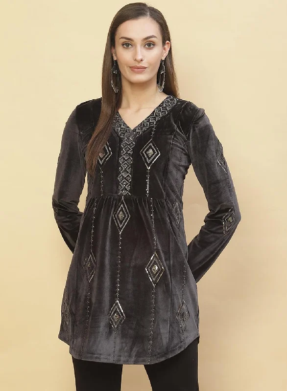 TunicTopOnyxSlate Grey Embroidered Velvet Tunic With Sequins