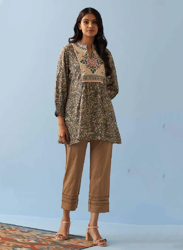 TunicTopSphinxGrey Multi Color Printed Short Tunic with Yoke Embroidery