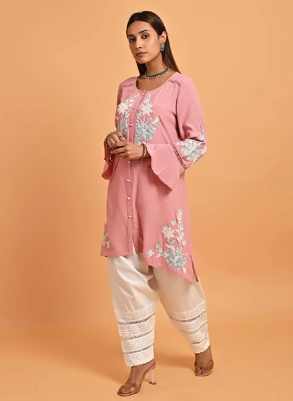 TunicTopRubyPink Patchwork Embroidered Tunic with Asymmetrical Hemline