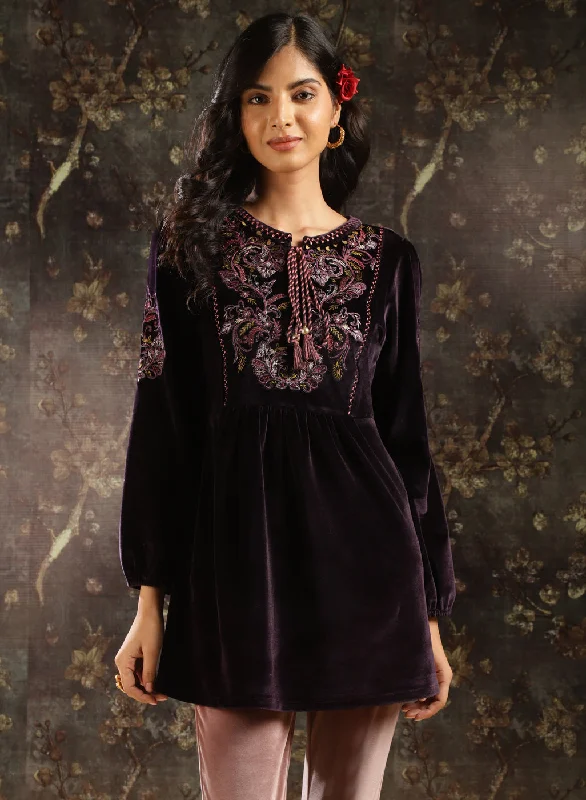 TunicTopXPurple Velvet Tunic with Threadwork and Tassels