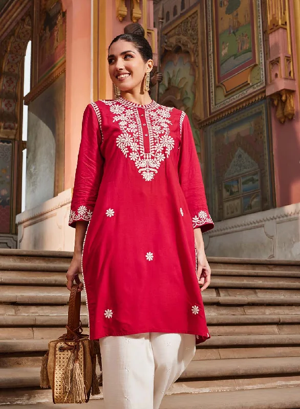 TunicTopRidgeSaadgi Red Embroidered Cotton Linen Tunic for Women