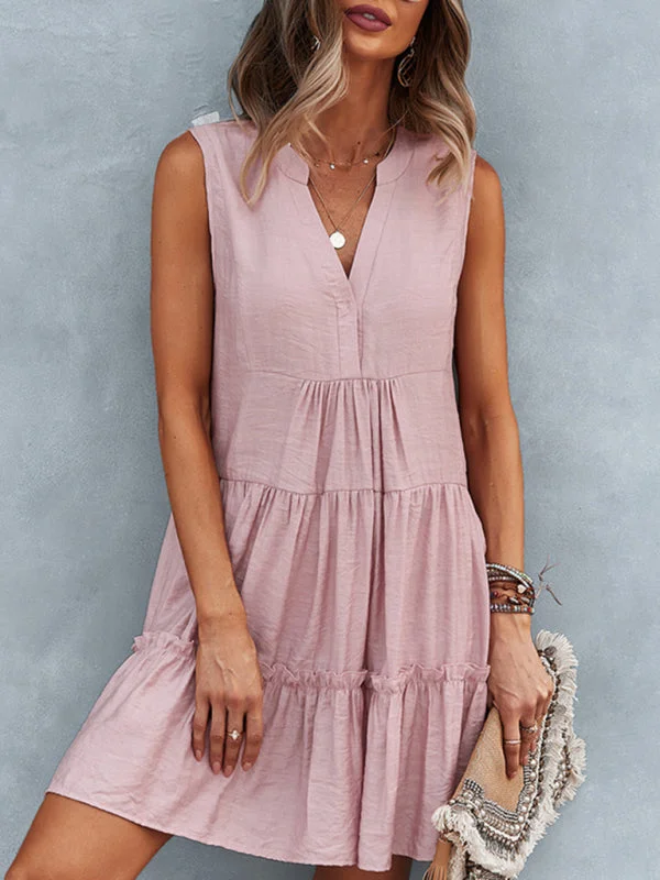 TunicTopHaloSolid Sleeveless Dress with Flowy Tiered Skirt and Loose Fit