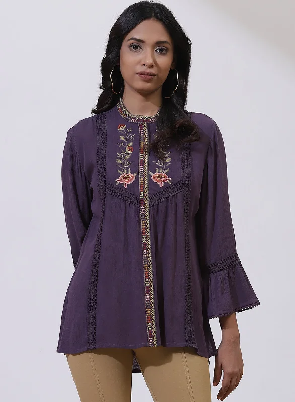 TunicTopCrystalPurple Floral Embroidered Nargis Tunic