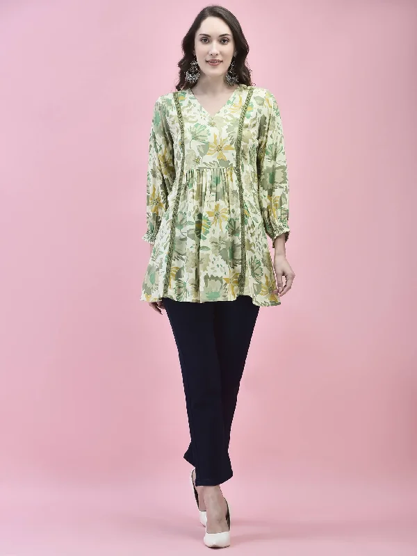 TunicTopQuasarWomen Liva Rayon Green Floral Print Tunic