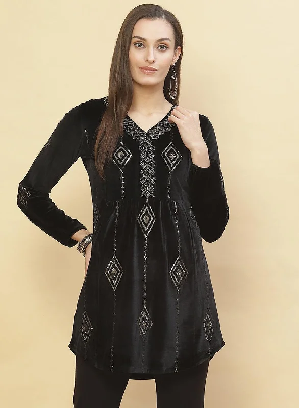 TunicTopEliteCharcoal Black Embroidered Velvet Tunic With Sequins