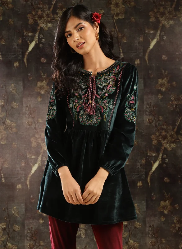 TunicTopBronzeGreen Velvet Tunic with Threadwork and Tassels