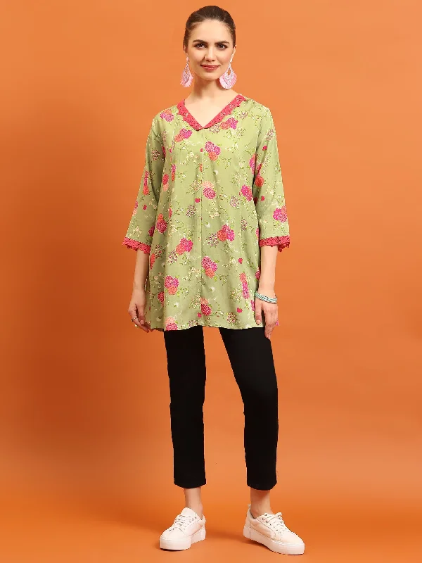 TunicTopGalaxyWomen Green V-Neck Printed Tunic