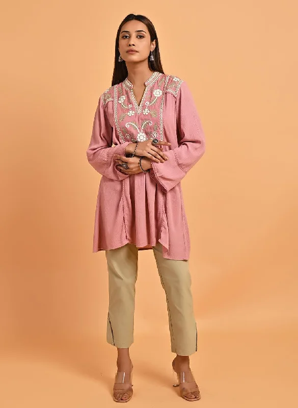 TunicTopVibePink Collared Tunic with Embroidery at Yoke