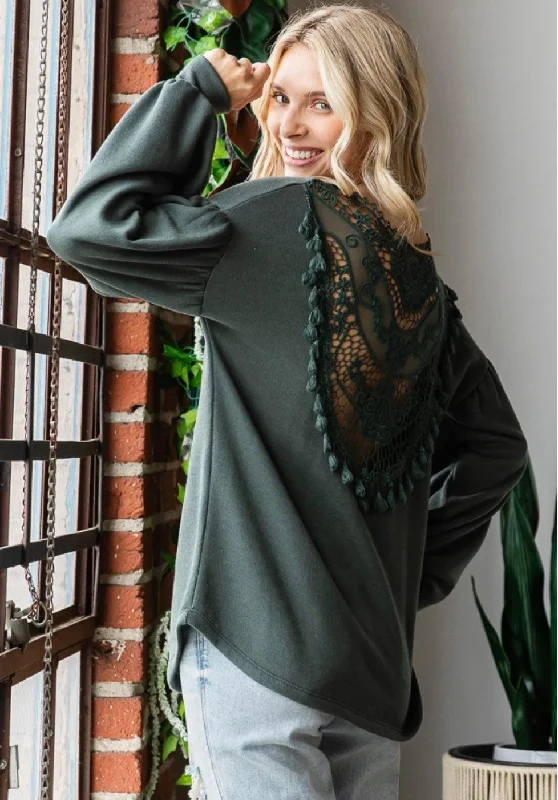 Hunter Green Crochet Back Long Sleeve  - Made in USA