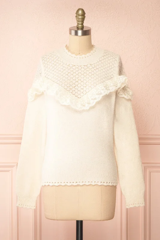 Jonadine | Ivory Ruffled Knit SweaterArtist Knit Tops