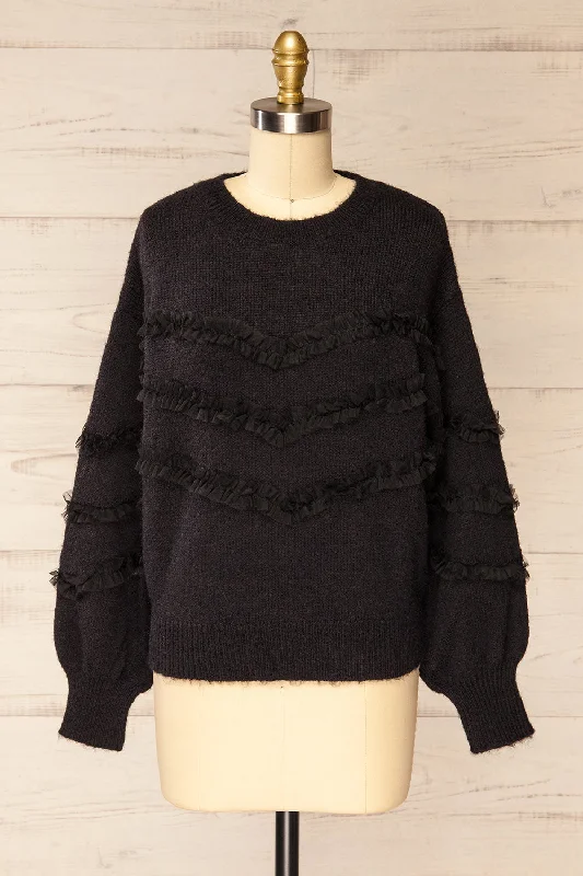 Kemperbad | Black Knit Sweater w/ RufflesEmbellished Knit Tops