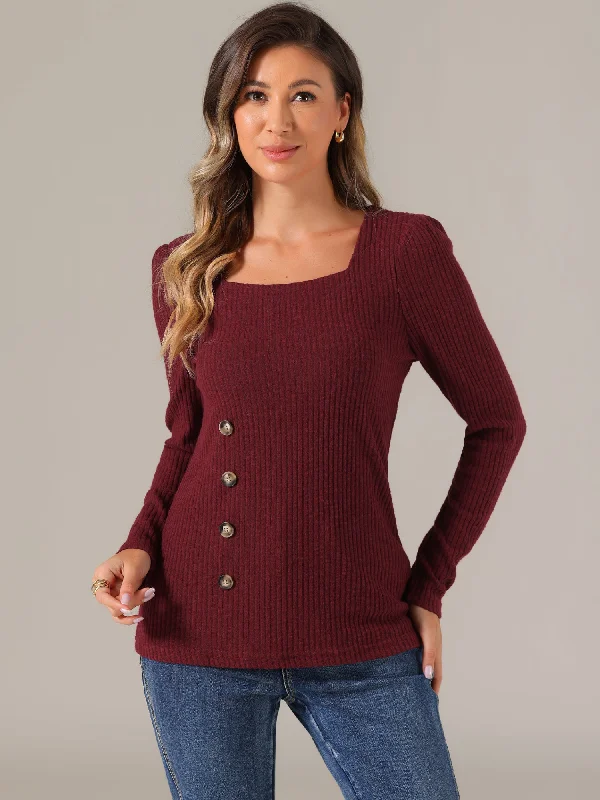 Long Sleeve Button Decor Square Neck Sweater Knit TopRecycled Fabric Knit Tops