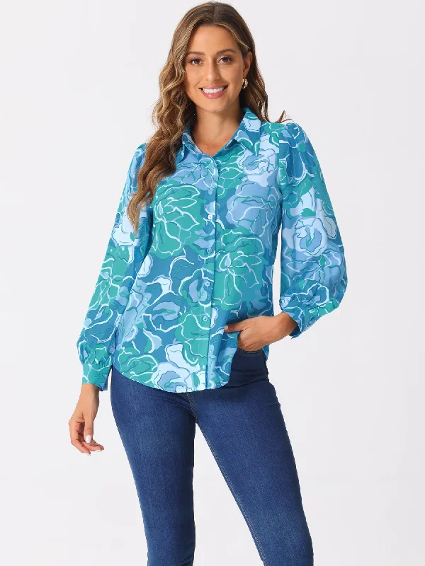 Floral Button Up Puff Long Sleeve Casual Blouse