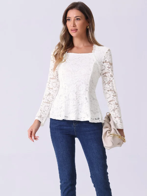 Lace Square Neck Long Sleeve Stertch Peplum Blouse