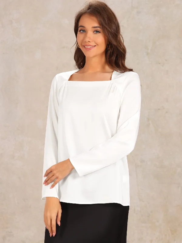 Square Neck Solid Long Sleeve Loose Satin Blouse