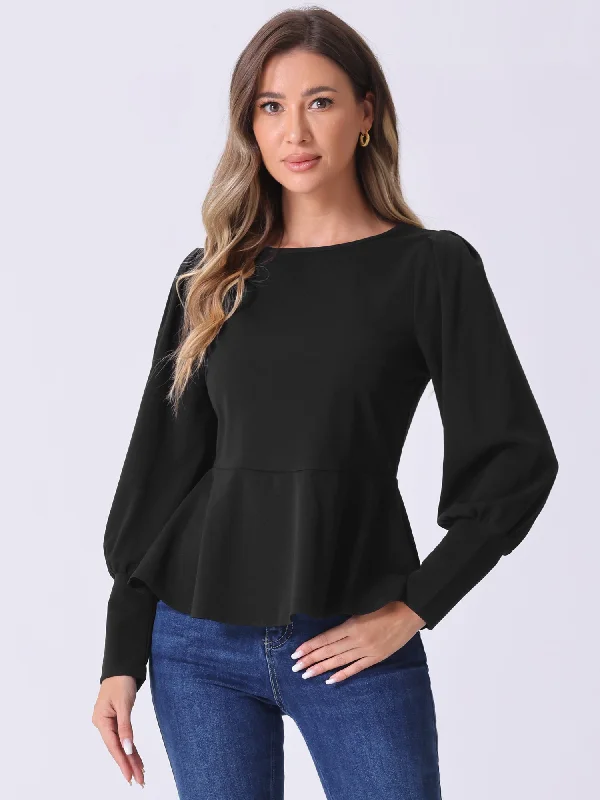 Lantern Long Sleeve Crew Neck Peplum Blouses