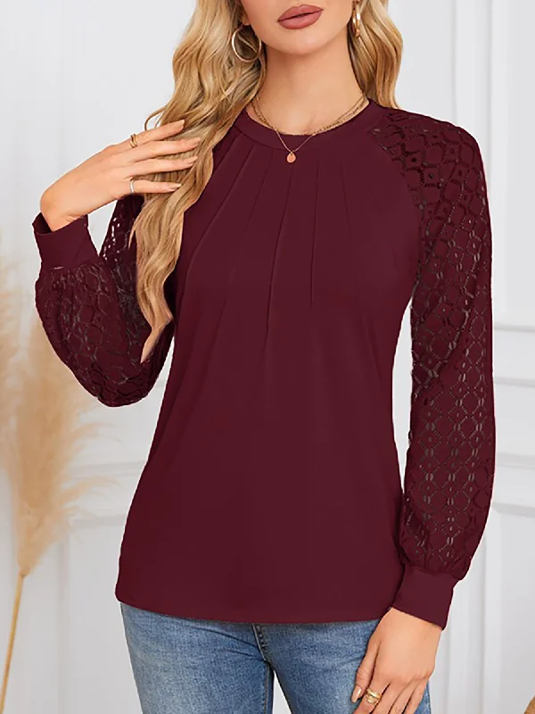 Solid Color Lace Long Sleeve Pleated Round Neck Blouse