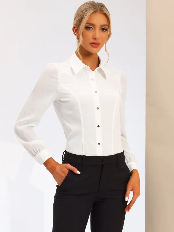 Botton Down Long Sleeve Lapel Solid Work Office Blouse