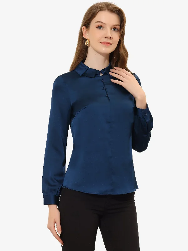 Satin Top Lapel Collar Button Up Long Sleeve Casual Work Blouse