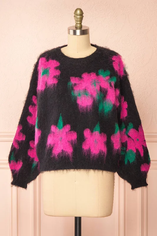 Tabatha | Fuzzy Black Floral SweaterBranded Knit Tops