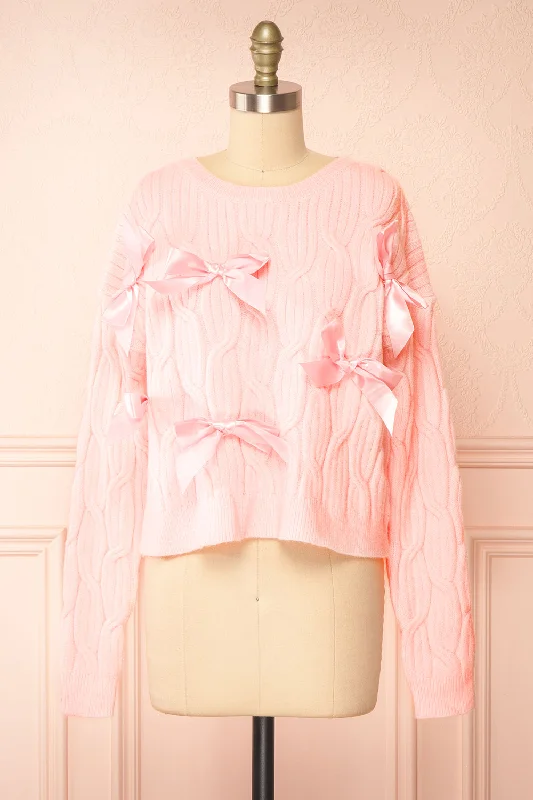 Zorane | Pink Knit Sweater w/ Satin BowsFrench Terry Knit Tops