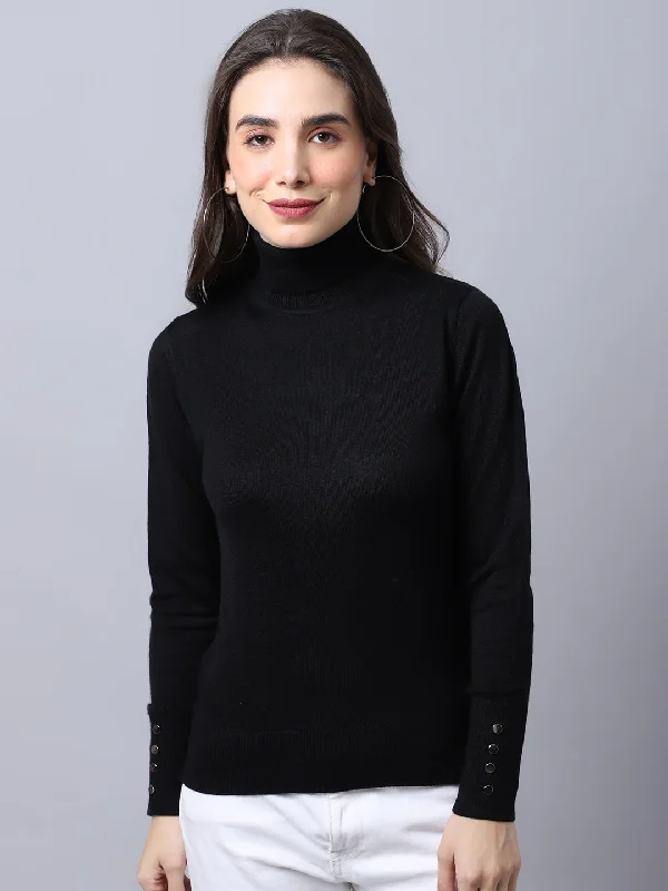 Women's Casual  Black Turtle neck Pullover SweaterCotton Knit Tops