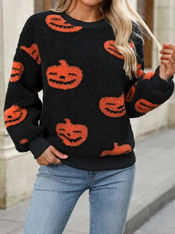 Fuzzy Pumpkin Round Neck Dropped Shoulder SweaterRibbed Knit Tops